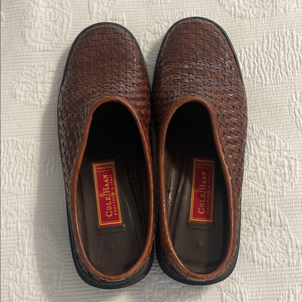 Cole Haan Brown Woven Leather Slip-On Loafers with Dark Trim